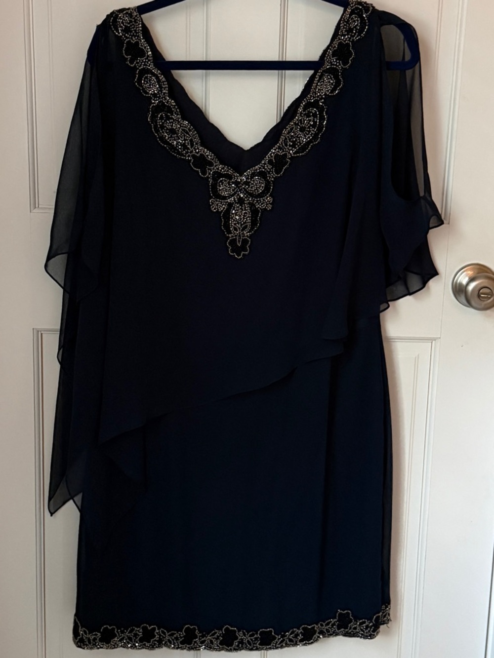 J Kara Navy Beaded V-Neck Chiffon Overlay mini dress